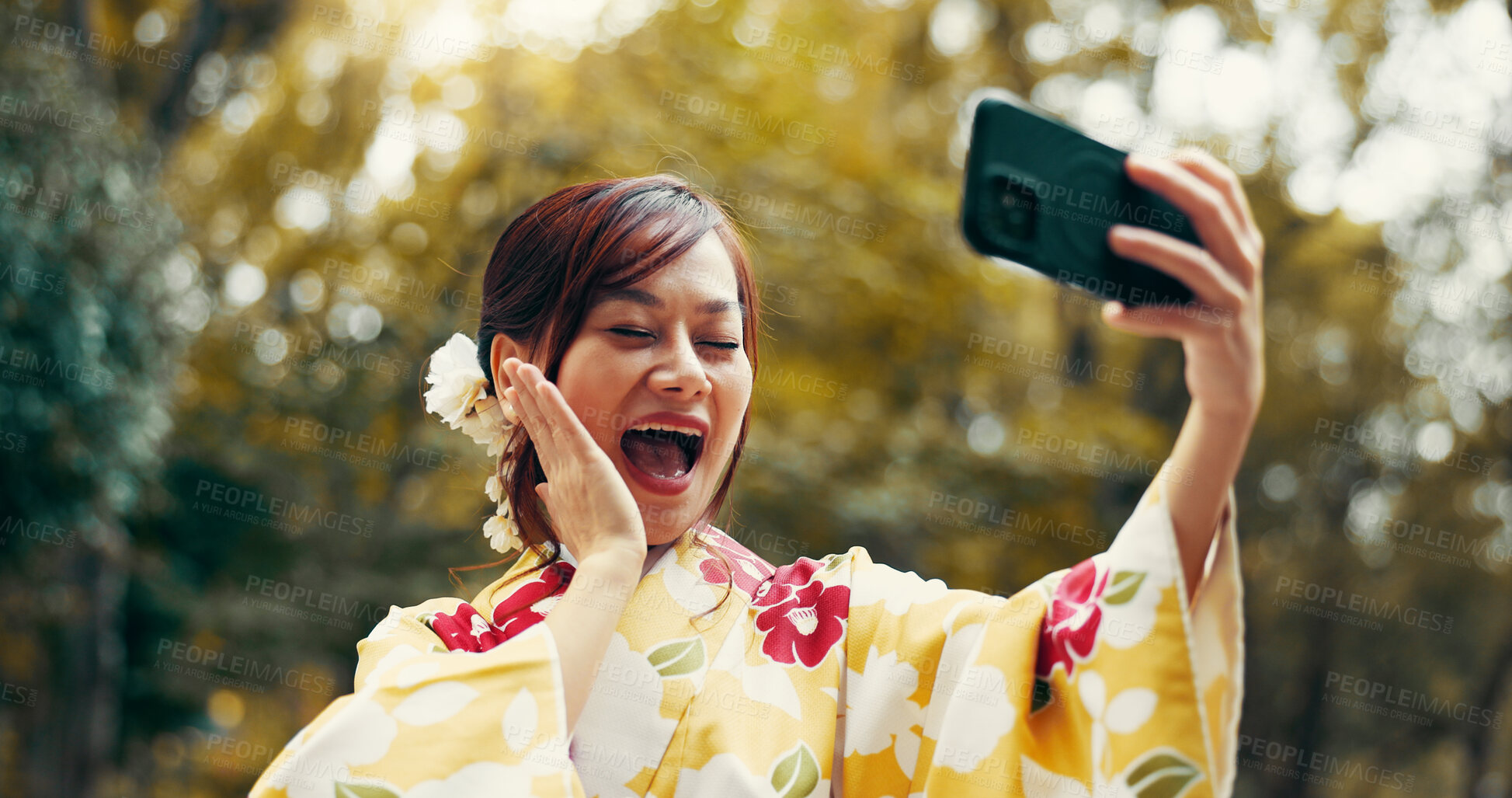 Buy stock photo Selfie, excited and kimono with Japanese woman in city for profile picture, memory and traditional clothes. Happy, social media and content creator with person for heritage, culture and update