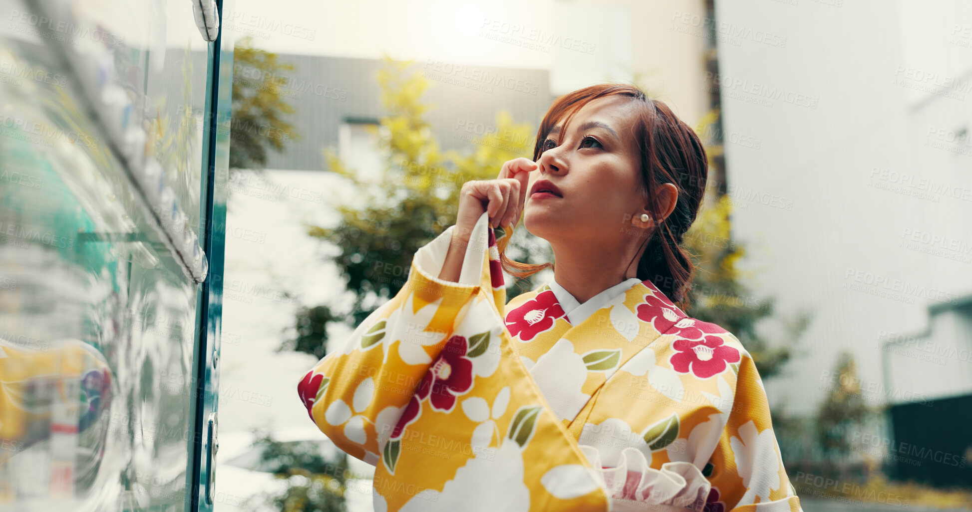 Buy stock photo Vending machine, thinking and Japanese woman in kimono for food choice, traditional and decision. Menu price, shopping and fashion with asian person in city for selection, customer or snack dispenser