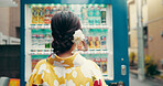 Vending machine, back and Japanese woman in kimono for food choice, traditional and decision. Menu price, shopping and fashion with asian person in city for selection, customer or snack dispenser