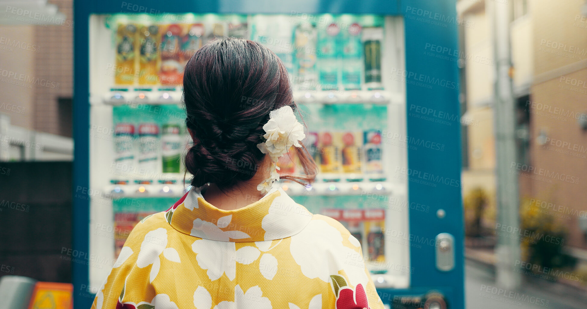 Buy stock photo Vending machine, back and Japanese woman in kimono for food choice, traditional and decision. Menu price, shopping and fashion with asian person in city for selection, customer or snack dispenser