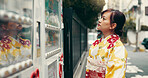 Vending machine, decision and Japanese woman in kimono for food choice, traditional and thinking. Menu price, shopping and fashion with asian person in city for selection, customer or snack dispenser