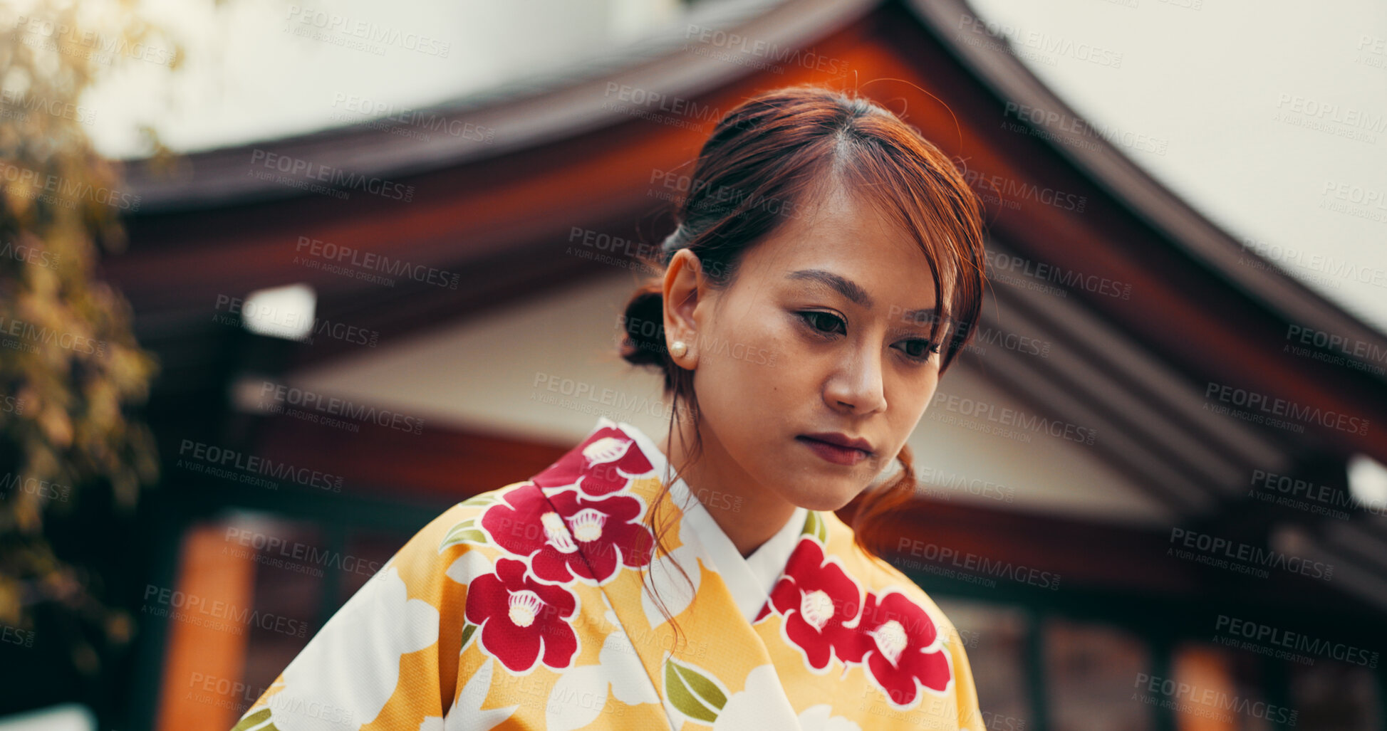 Buy stock photo Bow, culture and woman at temple with kimono, fashion and waiting at outdoor building with respect. Style, design and confident girl with traditional Japanese clothes, greeting and hostess at pagoda