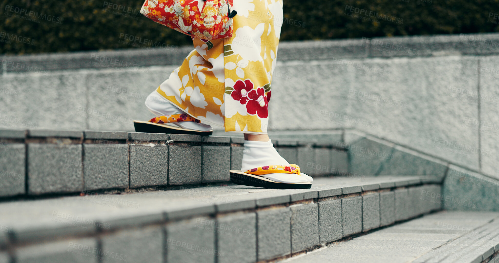 Buy stock photo Feet, walking and woman on stairs with kimono, morning commute and traditional clothes in city. Sandals, weekend and girl with Japanese fashion, culture and urban steps on outdoor travel adventure