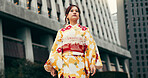 Fashion, kimono and thinking with Japanese woman in city for heritage, festival ceremony and culture. Traditional clothes, reflection and respect with asian person and outdoor for pride and peace