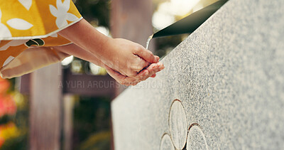 Buy stock photo Water, washing hands and woman in city for travel with journey, adventure or vacation with hygiene. Closeup, sanitizing and female person cleaning skin for germs, dust or bacteria in town in Japan.