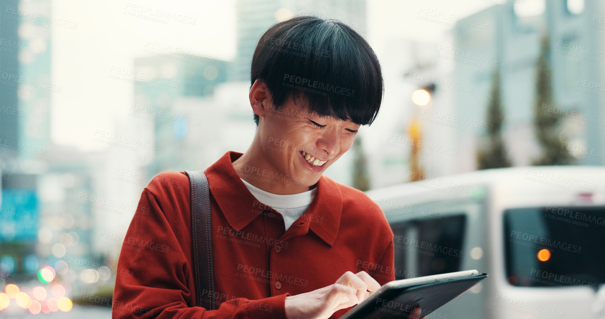 Buy stock photo City, walking and man on street with tablet, smile and online search on happy morning commute. Social media, travel and Japanese university student in urban traffic with digital app for connectivity