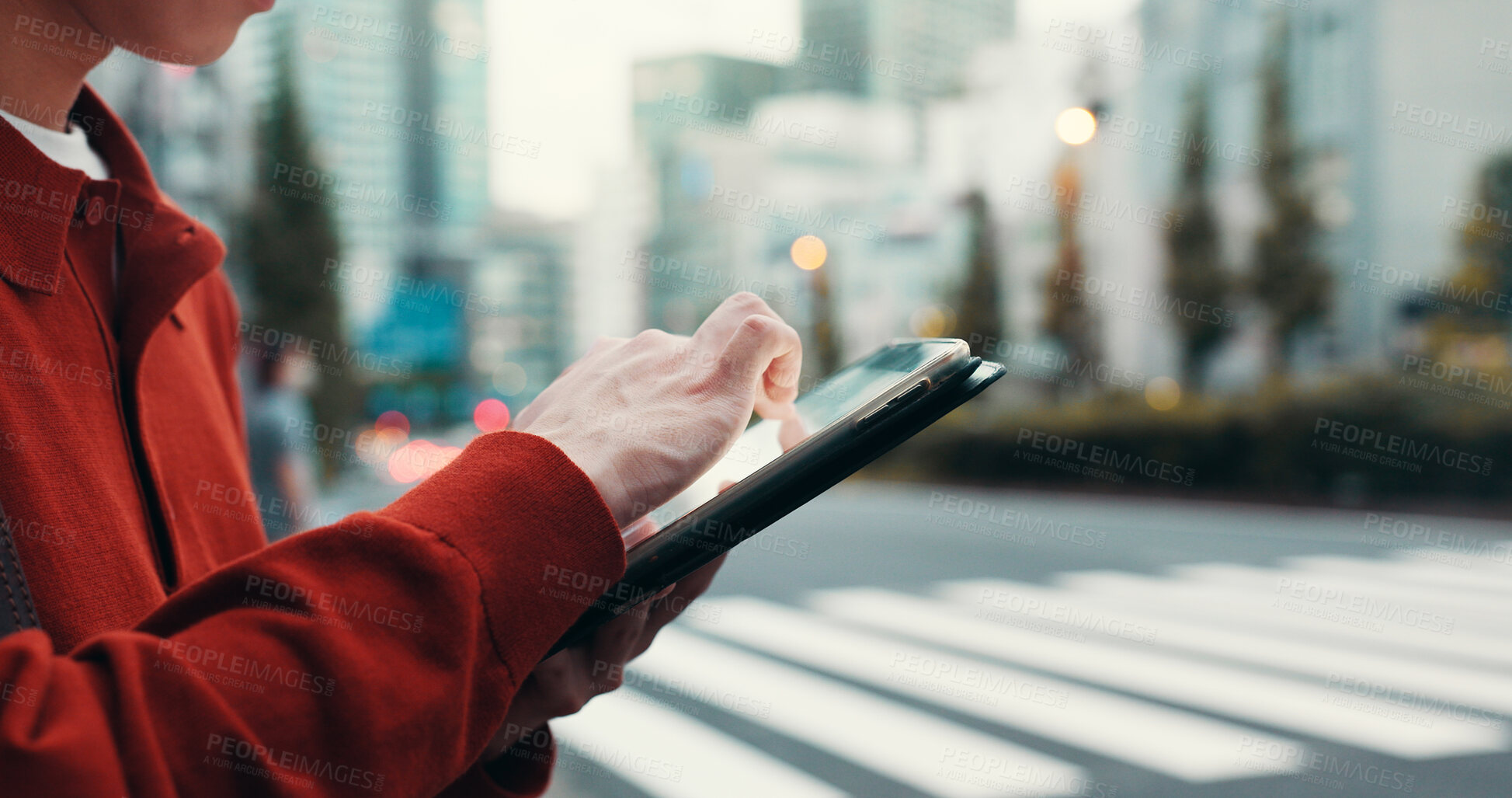 Buy stock photo Typing, tablet and hands of Asian man in city for social networking, online chat and internet contact. Travel, walking and person on digital tech for website, map and navigation on weekend in Japan