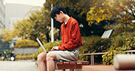 Man, student and laptop in park for typing, planning and creative writing for travel blog in Japan. Japanese person, computer or connectivity in Tokyo for social media post, journal editing and email