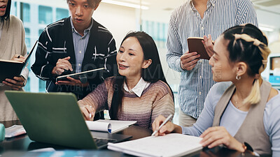 Buy stock photo Japanese, business people and laptop with webinar, collaboration or coworking in office or meeting. Teamwork, feedback and tech in brainstorming, discussion or review as project manager or colleagues