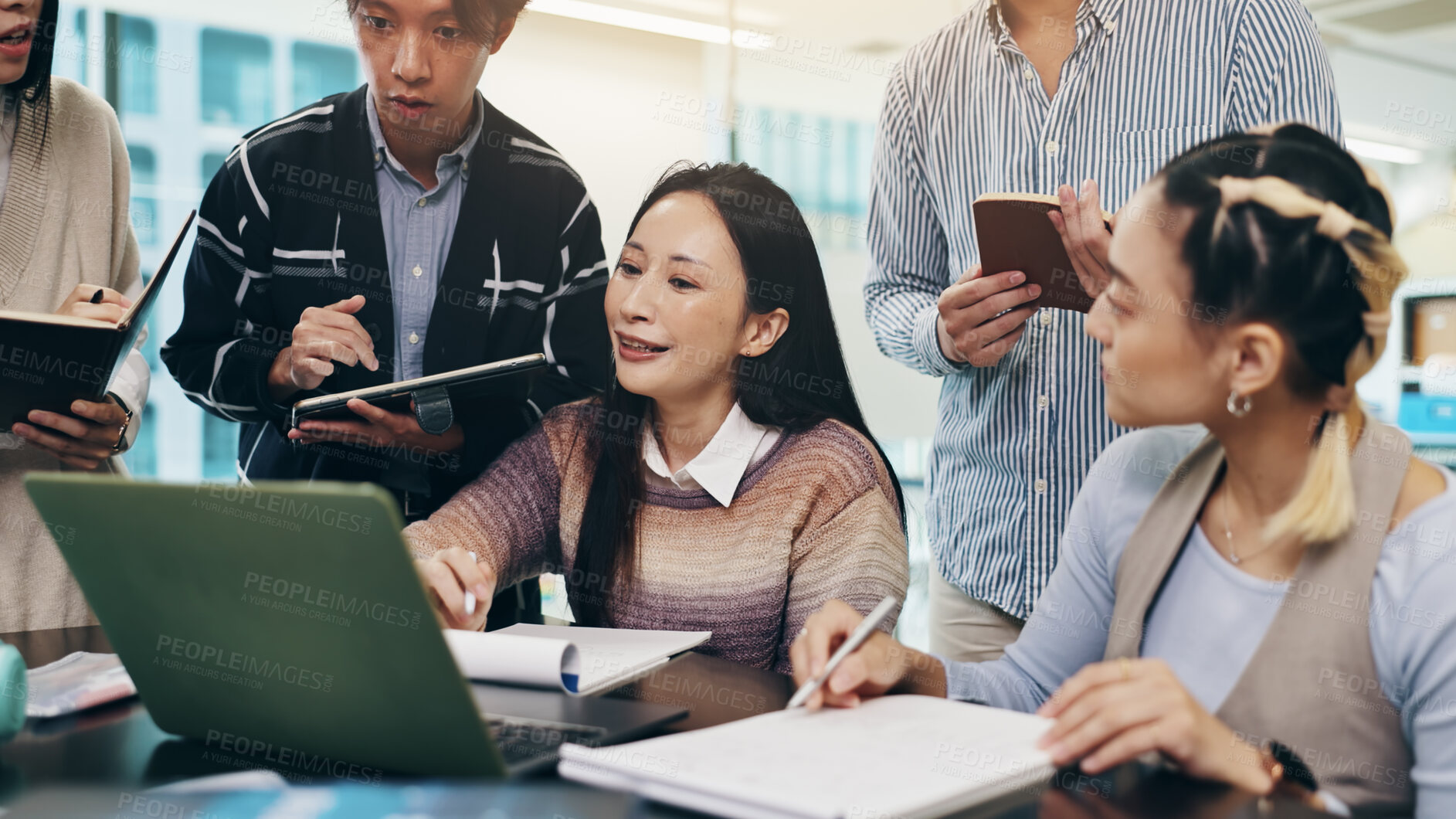 Buy stock photo Japanese, business people and laptop with webinar, collaboration or coworking in office or meeting. Teamwork, feedback and tech in brainstorming, discussion or review as project manager or colleagues