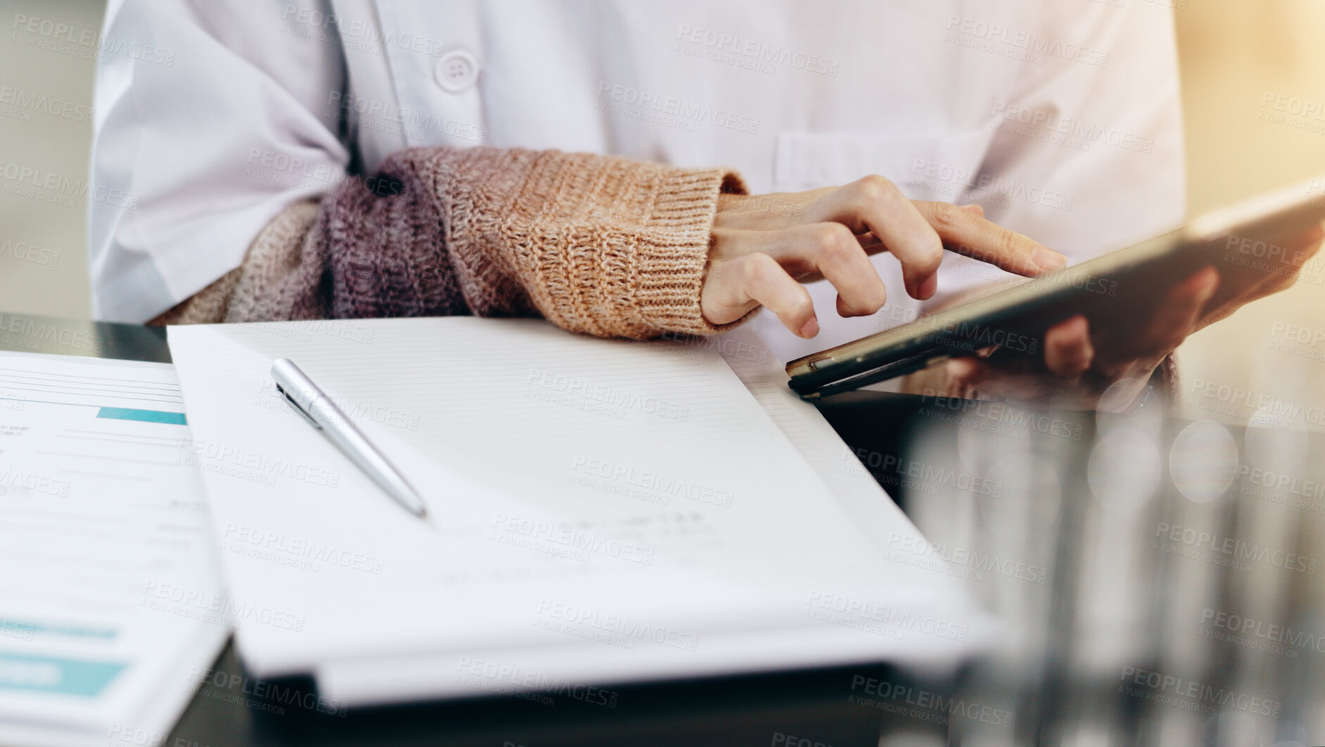 Buy stock photo Person, hands or scientist with tablet for research, study or medical discovery at laboratory. Japan, closeup or worker checking notes with technology or lab results for exam, test or clinic trial