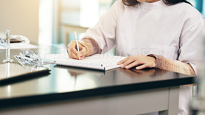 Buy stock photo Woman, scientist or hands writing with book for research, study or labratory results on desk. Japan, closeup or medical worker with notes, exam or test for experiment, development or discovery at lab