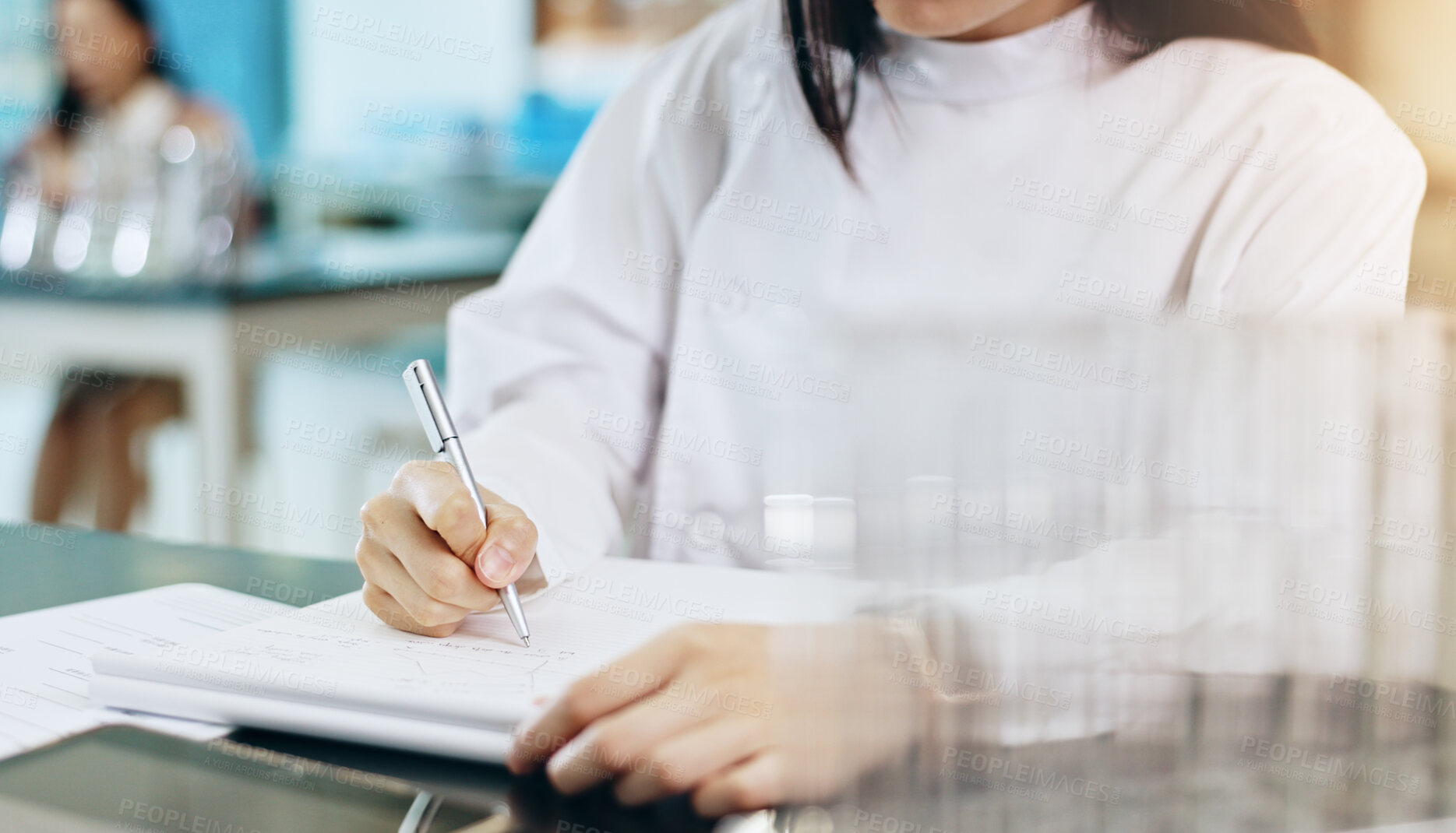 Buy stock photo Science, woman and hands with writing in laboratory for research notes, results or learning for exam. Japanese medical university, student or findings report for experiment review or scientific study