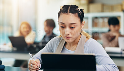 Buy stock photo Tablet, studying and woman in college lab for science lecture with notes for exam or test. Digital technology, education and Japanese female student with biology research for university assignment.