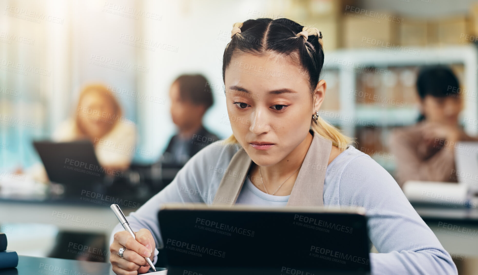 Buy stock photo Tablet, studying and woman in college lab for science lecture with notes for exam or test. Digital technology, education and Japanese female student with biology research for university assignment.