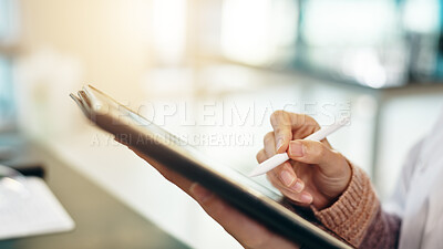 Buy stock photo Person, hands and writing with tablet for research, study or online development at office. Japan, closeup or employee with technology or pen for innovation, project plan or design at workplace