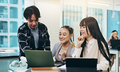 Buy stock photo Japanese people, teamwork and laptop for discussion, collaboration and communication in office. Group, together and technology for brainstorming, business meeting and project management as colleagues