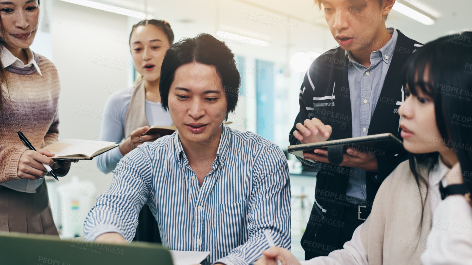 Buy stock photo Japanese people, group and laptop for business meeting, collaboration and writing notes in office. Teamwork, together and technology for brainstorming, discussion and project management as colleagues