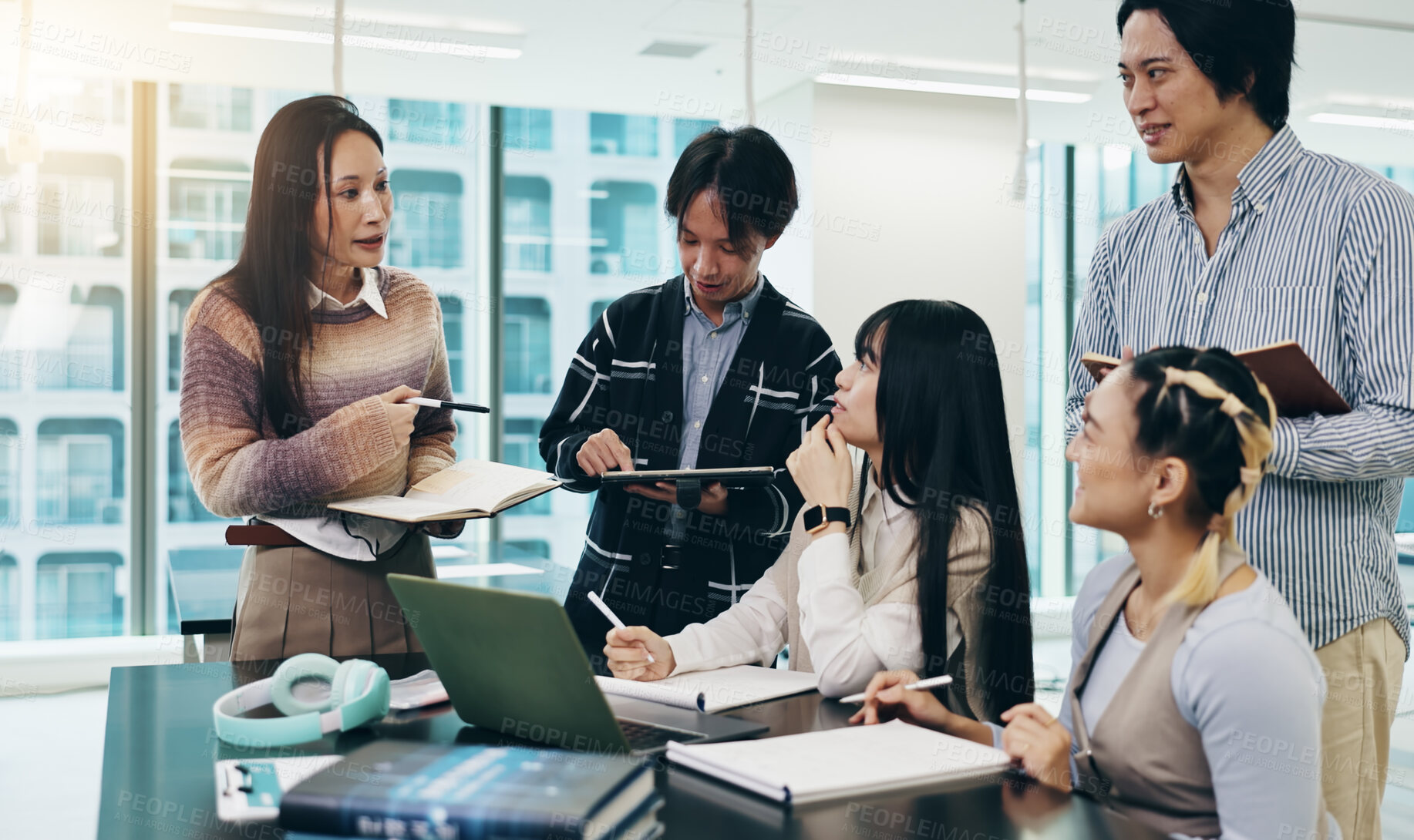 Buy stock photo Japanese people, teamwork and laptop with brainstorming, collaboration or writing notes in office. Group, thinking and technology in business meeting, discussion and project management as colleagues