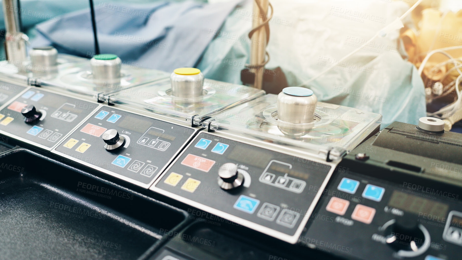 Buy stock photo Hospital, learning and mannequin with healthcare machine and nursing dummy with control panel. College, cpr and Japanese university with wellness, health and study for doctor and surgeon education