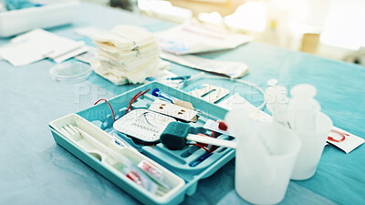 Buy stock photo Medical tools, tray and desk at hospital for surgery, healthcare and container for operation. Gear, equipment and interior in room, table and theater for wellness, services and clinic in Japan