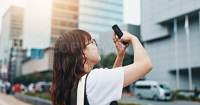 Buy stock photo Woman, phone and search for internet in city, student and online for registration for college. Female person, message contact and urban street for education, communication and chat on social media