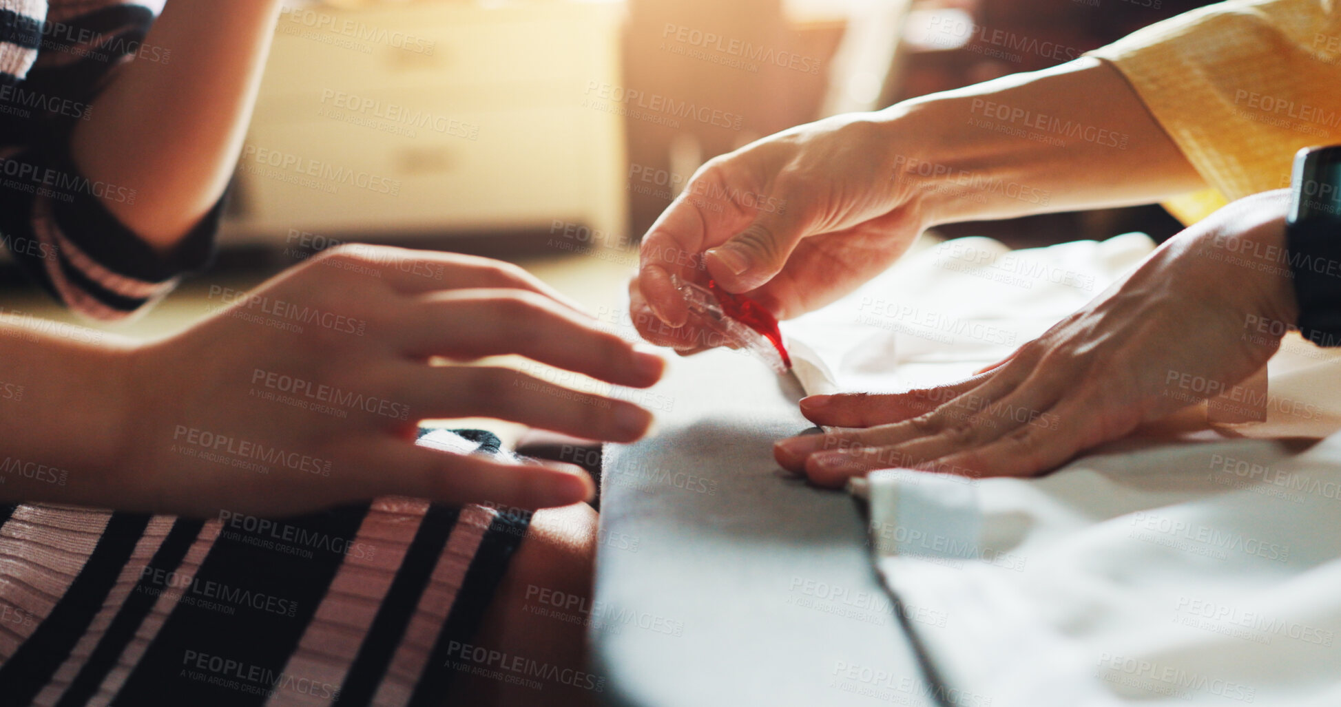 Buy stock photo Fashion designer, tailor and hands of women in workshop for stitch, manufacturing or process. Teamwork, boutique business and people with material, fabric or textile for seamstress service in Japan