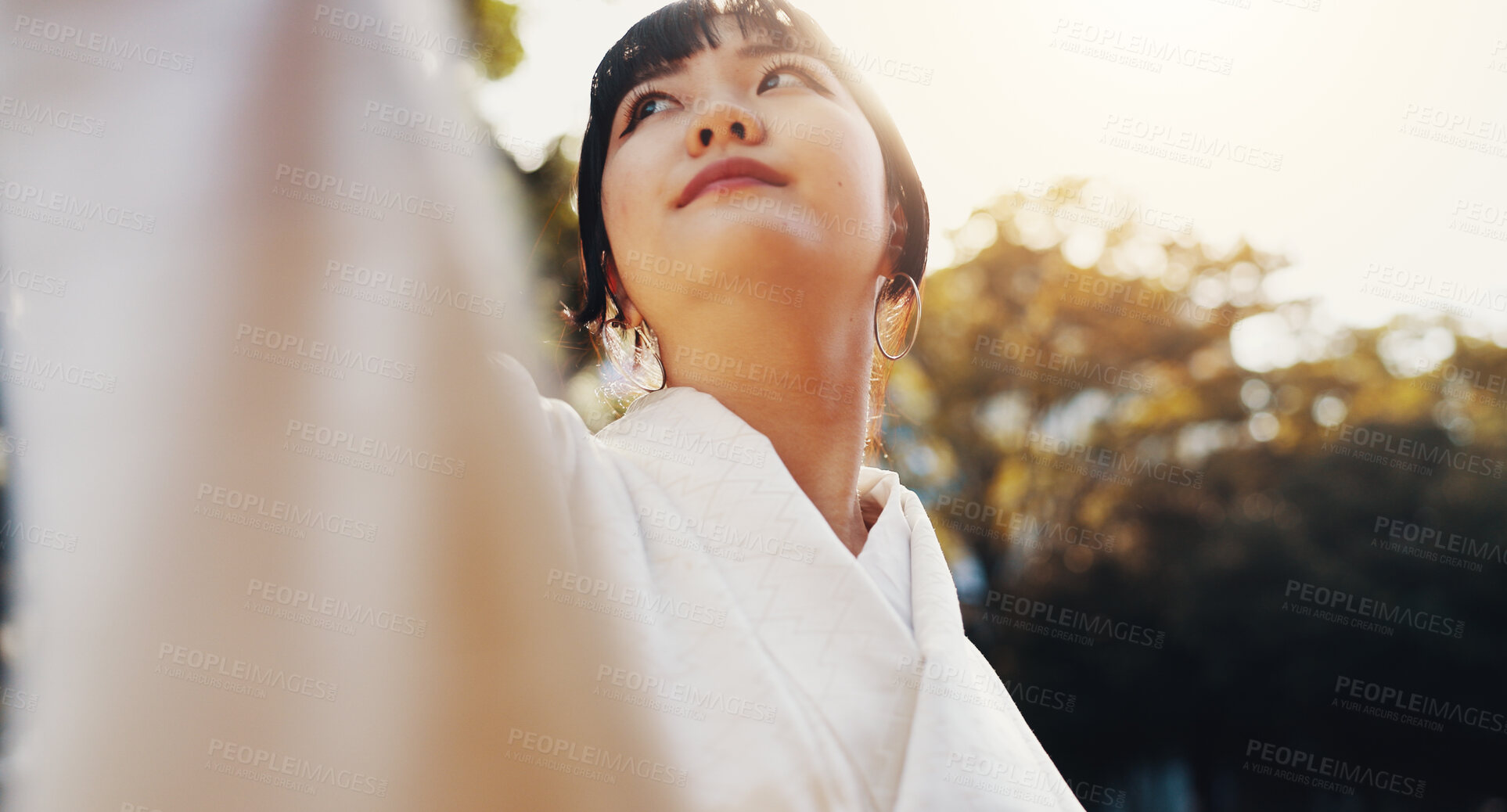 Buy stock photo Travel, girl and thinking outdoor at park with traditional kimono, sightseeing nature or cultural journey. Japanese person, thoughtful or gratitude for scenery with reflection, nostalgia or adventure