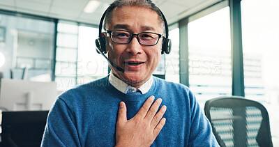 Buy stock photo Happy, asian man or portrait with virtual meeting at call center for customer service or telemarketing at office. Japan, male person or agent with smile, headset or pov for online advice at workplace