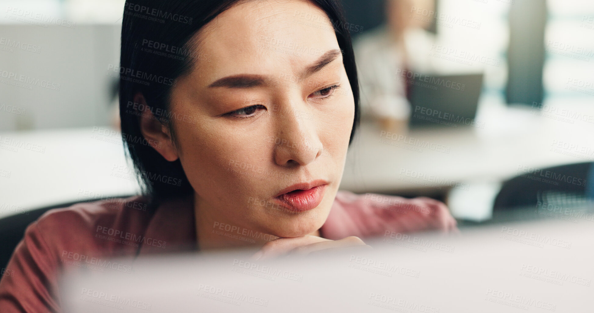 Buy stock photo Japan, business and woman with computer, thinking and online reading with decision. Asian person, employee and consultant in office, pc and choice with email notification, idea or website information