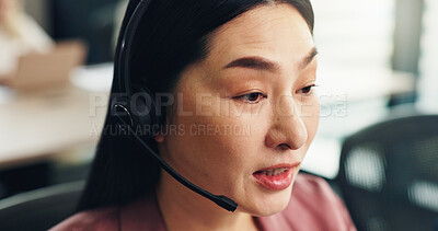 Buy stock photo Business, call center and woman in office, talking and help desk with headset, feedback and tech support. Japanese person, employee or agent in workplace, advice and customer service with connection