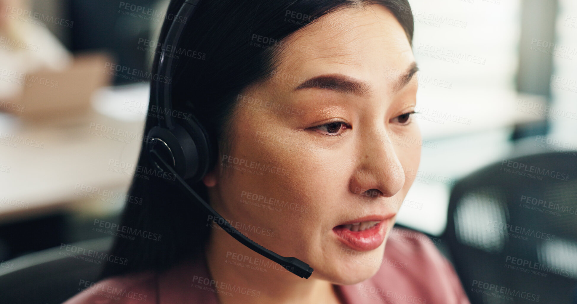 Buy stock photo Business, call center and woman in office, talking and help desk with headset, feedback and tech support. Japanese person, employee or agent in workplace, advice and customer service with connection