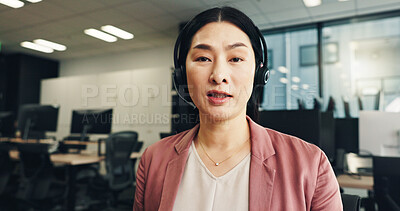 Buy stock photo Asian woman, portrait and tutor with headphones for video call, online language teacher or training seminar at office. Japan, female person or linguist with pov for virtual meeting, speech or webinar