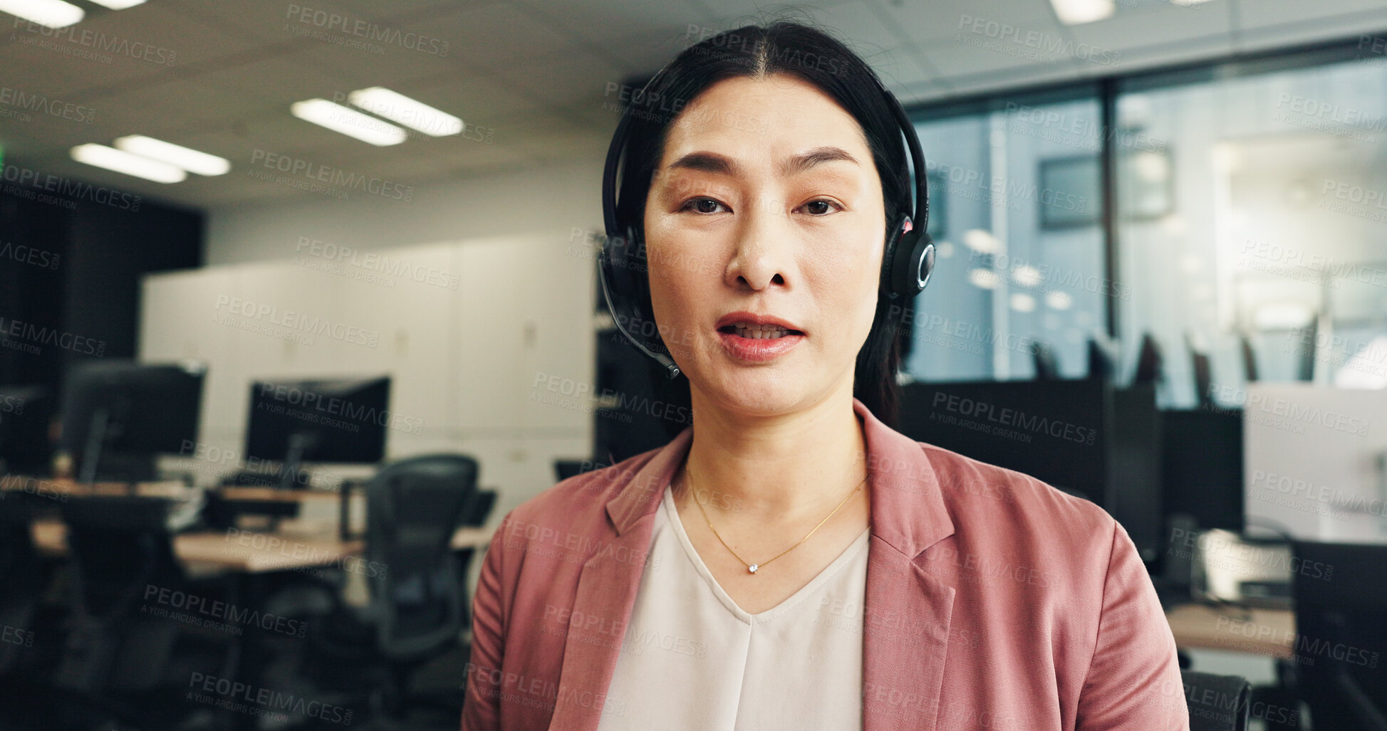 Buy stock photo Asian woman, portrait and tutor with headphones for video call, online language teacher or training seminar at office. Japan, female person or linguist with pov for virtual meeting, speech or webinar