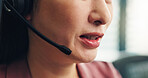 Woman, mouth or consultant with mic for telemarketing, customer service or online advice at call center. Japan, closeup or female person consulting with headset for virtual assistance or agent help