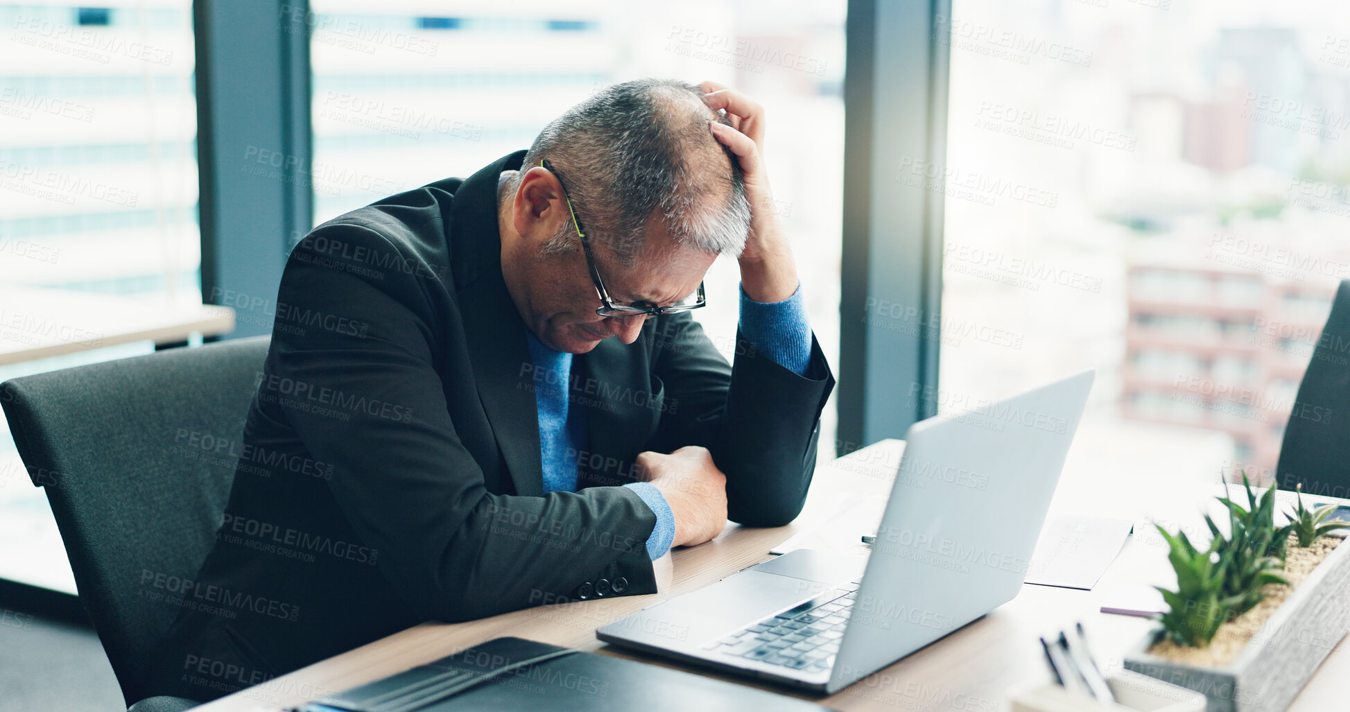 Buy stock photo Fail, investment or businessman on laptop with loss, worry and anxiety for tax crisis or bankruptcy. Stress, frustrated or overwhelmed mature Japanese boss in office for deadline, mistake or pressure