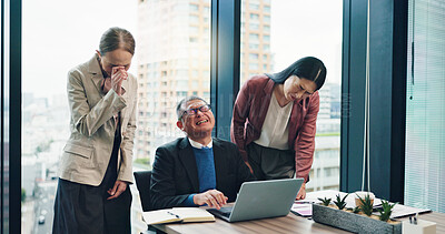 Buy stock photo Frustrated asian, business people and laptop with failure for investment, loss or corporate bankruptcy at office desk. Japan, group or employees with computer for bad news, mistake or company debt