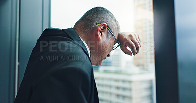 Buy stock photo Loss, window or businessman with stress, pressure or debt for bankruptcy, depression or worry. Glass, frustrated director or overwhelmed Japanese boss in office for deadline, job mistake or crisis