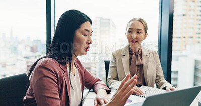 Buy stock photo Business people, laptop and discussion in office for planning, collaboration and company financial review. Japan, tech and executive meeting for investment proposal, teamwork and project feedback