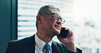 Phone call, office and mature Asian man with stress for contact, communication and discussion. Corporate, business manager and person on smartphone with bad news, mistake and finance crisis in Japan