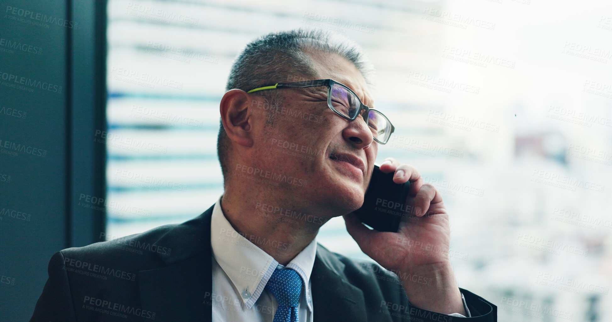 Buy stock photo Phone call, office and mature Asian man with stress for contact, communication and discussion. Corporate, business manager and person on smartphone with bad news, mistake and finance crisis in Japan