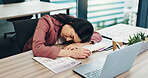 Asian woman, sleeping or desk with documents or laptop for overworked, fatigue or burnout at office. Japan, female person or tired employee asleep with rest for break, crisis or lazy day at workplace