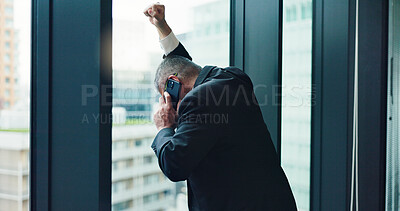 Buy stock photo Office, businessman and stress on phone call for communication, profit loss or crisis management. Male person, mobile and technology in financial fraud, embezzlement or corruption as company in Japan