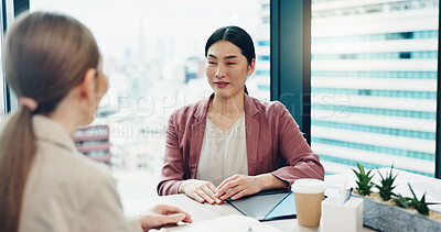 Buy stock photo Japan, teamwork and business people in meeting, planning and conversation in modern office. Employees, corporate professional or coworkers with discussion, cooperation and share ideas for development