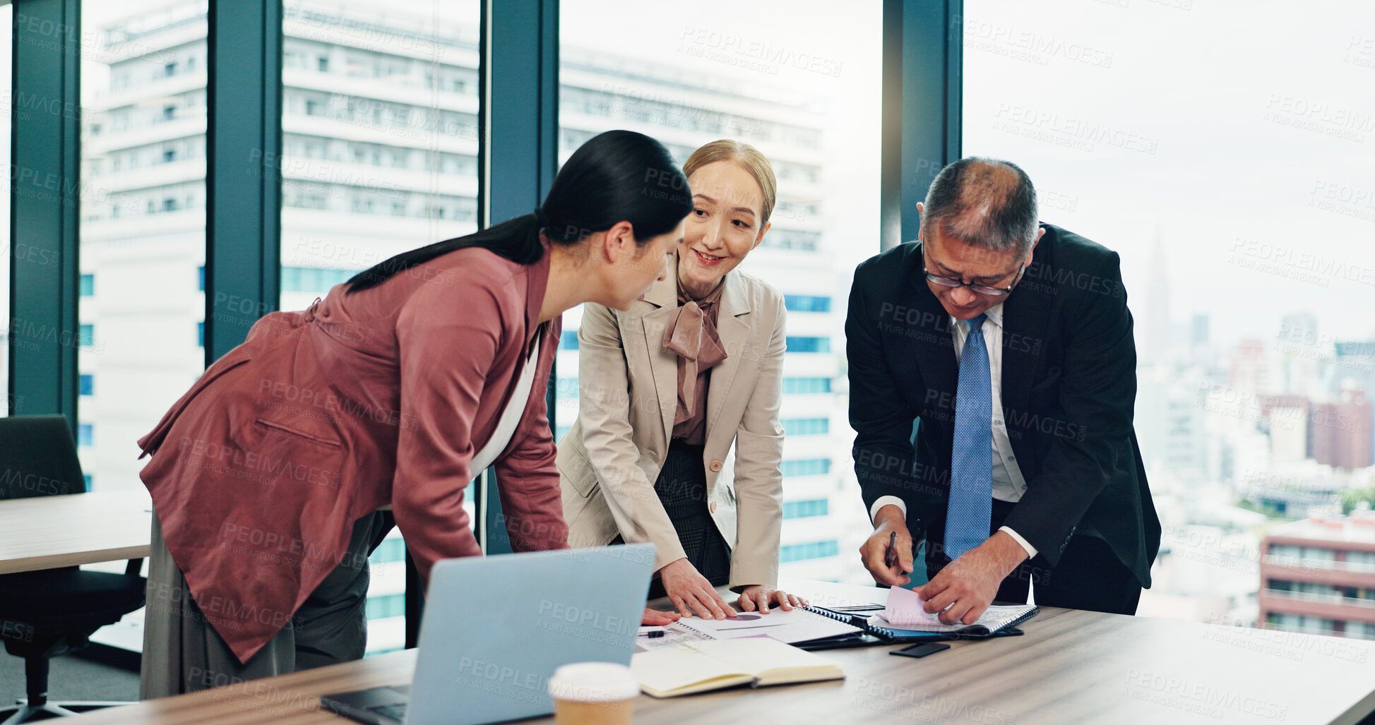 Buy stock photo Meeting, team and Japanese business people planning, solution or cooperation with mature CEO. Group, collaboration or project discussion with paperwork for sales strategy, profit or revenue in office