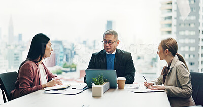 Buy stock photo Japan, laptop and business people in meeting, teamwork and conversation with connection. Employees, global traders and group in office, computer and feedback for progress, planning and cooperation
