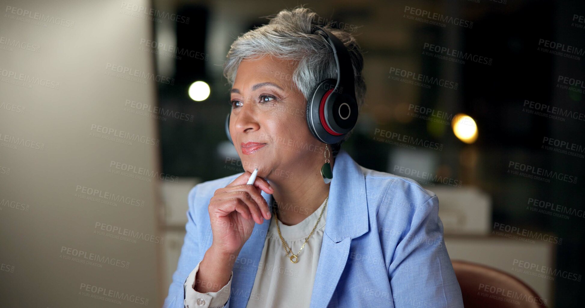 Buy stock photo Business woman, thinking and headphones for video call, virtual meeting or remote work online at night. Mature teacher, computer or webinar for learning, ideas or education in home office on overtime