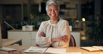 Buy stock photo Finance, mature businesswoman and arms crossed in portrait for trading operations management and stats review. Happy manager, night trader and documents for revenue proposal deadline and career pride