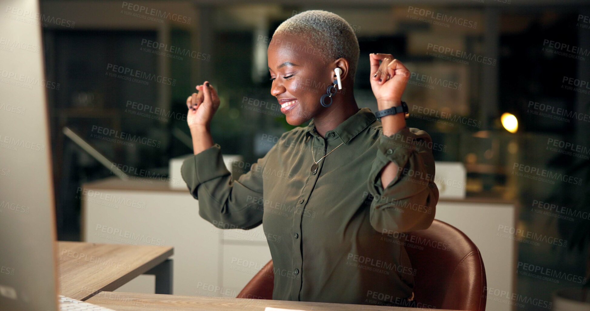 Buy stock photo Happy, black woman and dance with earphones in office, listening to music and podcast for movement rhythm. Person, secretary and computer with energy, overtime and entertainment for project deadline