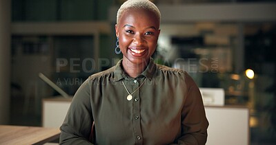 Buy stock photo Smile, business and portrait of black woman in office with confidence for corporate career. Happy, night and professional African female attorney with positive attitude and pride for legal job.